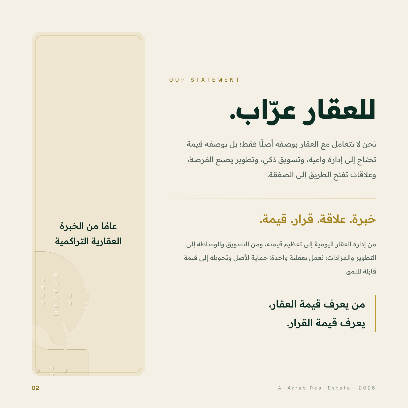 للعقار عرّاب: تعرف على فلسفة العرّاب العقارية في حماية الأصول العقارية وتحويلها إلى قيمة من خلال الخبرة والعلاقات والقرار.