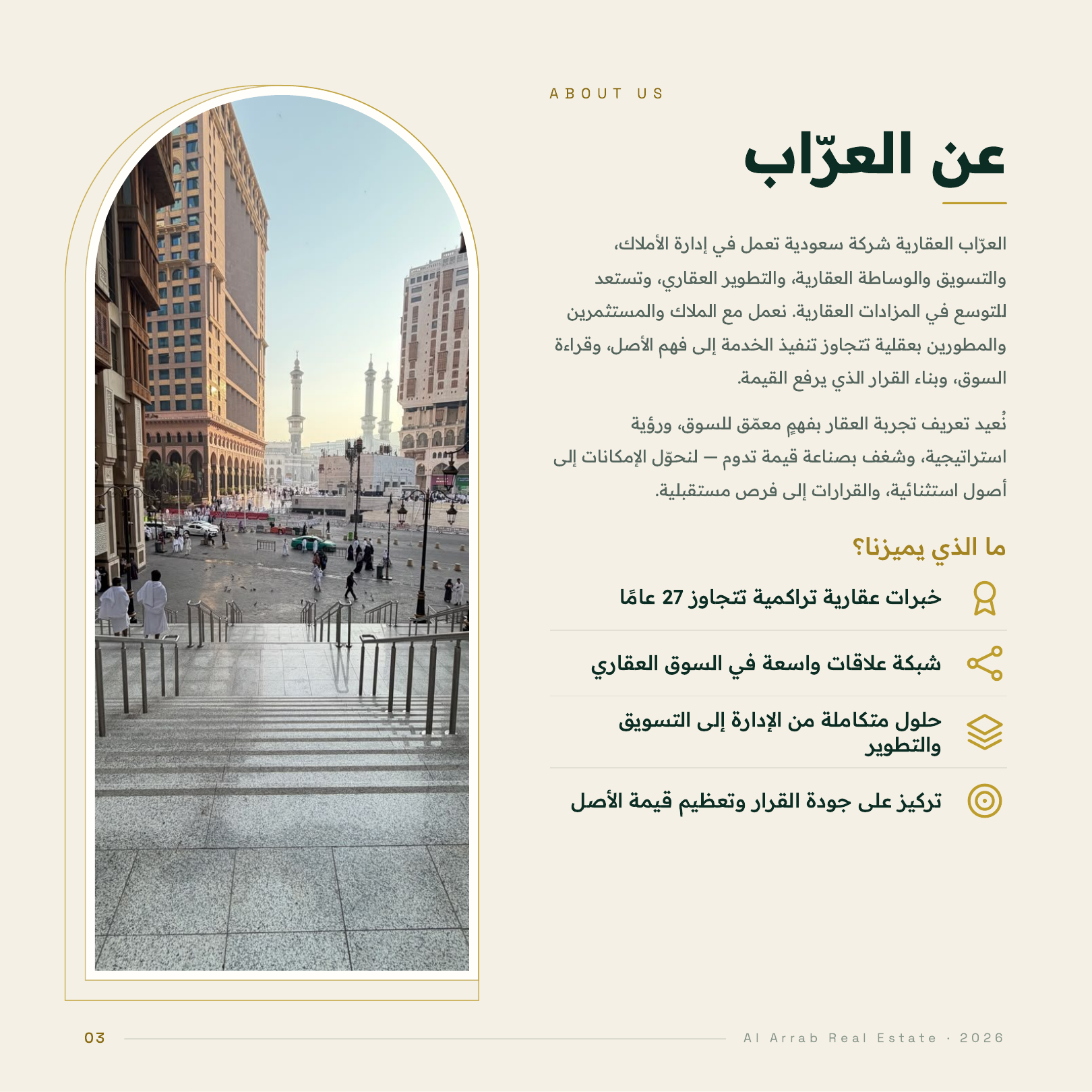 عن العرّاب: عن العرّاب العقارية، شركة سعودية تعمل في إدارة الأملاك والتسويق والوساطة والتطوير العقاري للمالك والمستثمر والمطور.
