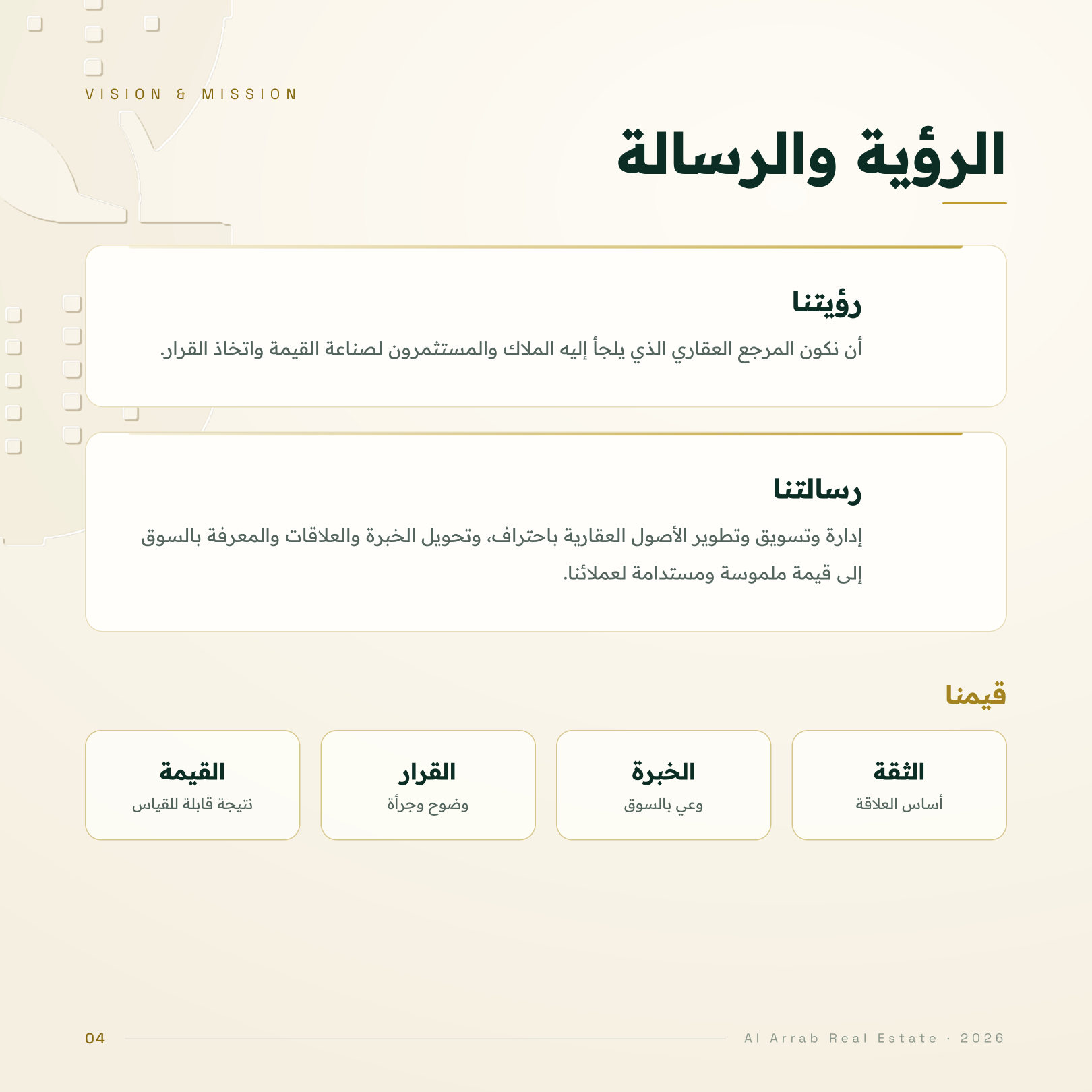 الرؤية والرسالة: رؤية العرّاب العقارية ورسالتها في إدارة وتسويق وتطوير الأصول العقارية، وقيم الثقة والخبرة والقرار والقيمة.