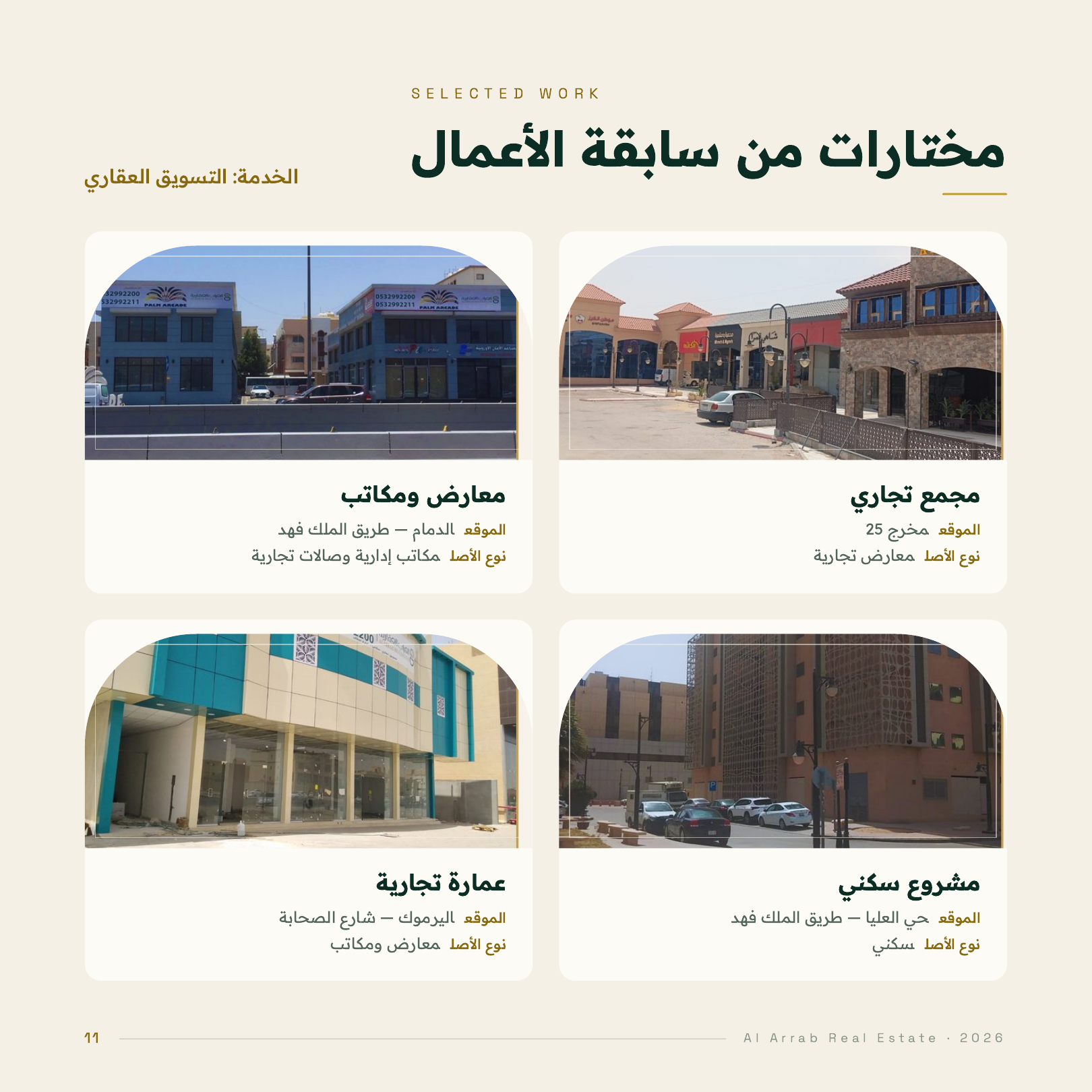 مختارات من سابقة الأعمال — 2: مختارات إضافية من أعمال التسويق العقاري: مجمع تجاري، معارض ومكاتب، مشروع سكني وعمارة تجارية.