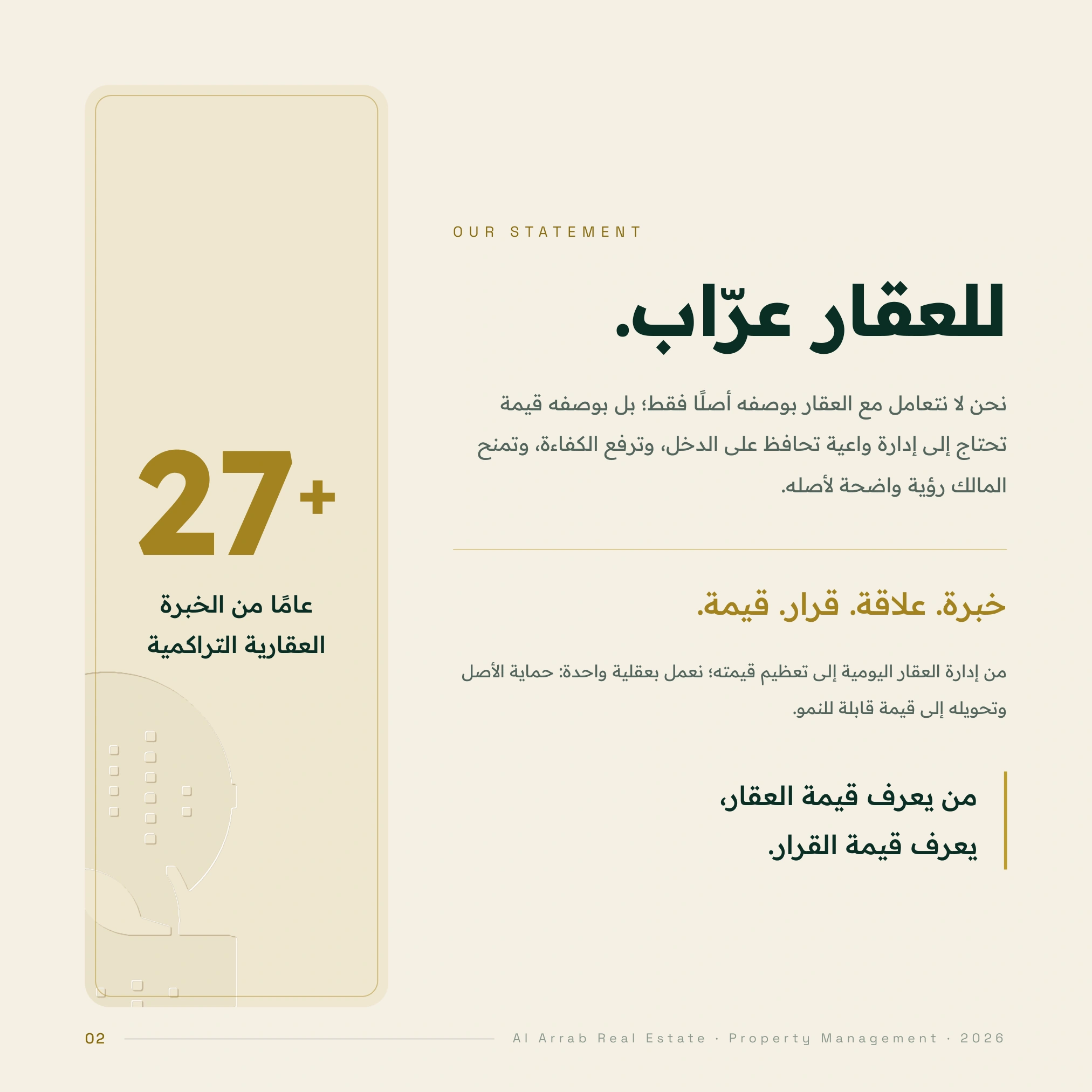 للعقار عرّاب — 27 عامًا من الخبرة: خبرات عقارية تراكمية تتجاوز 27 عامًا. حماية الأصل وتحويله إلى قيمة قابلة للنمو.