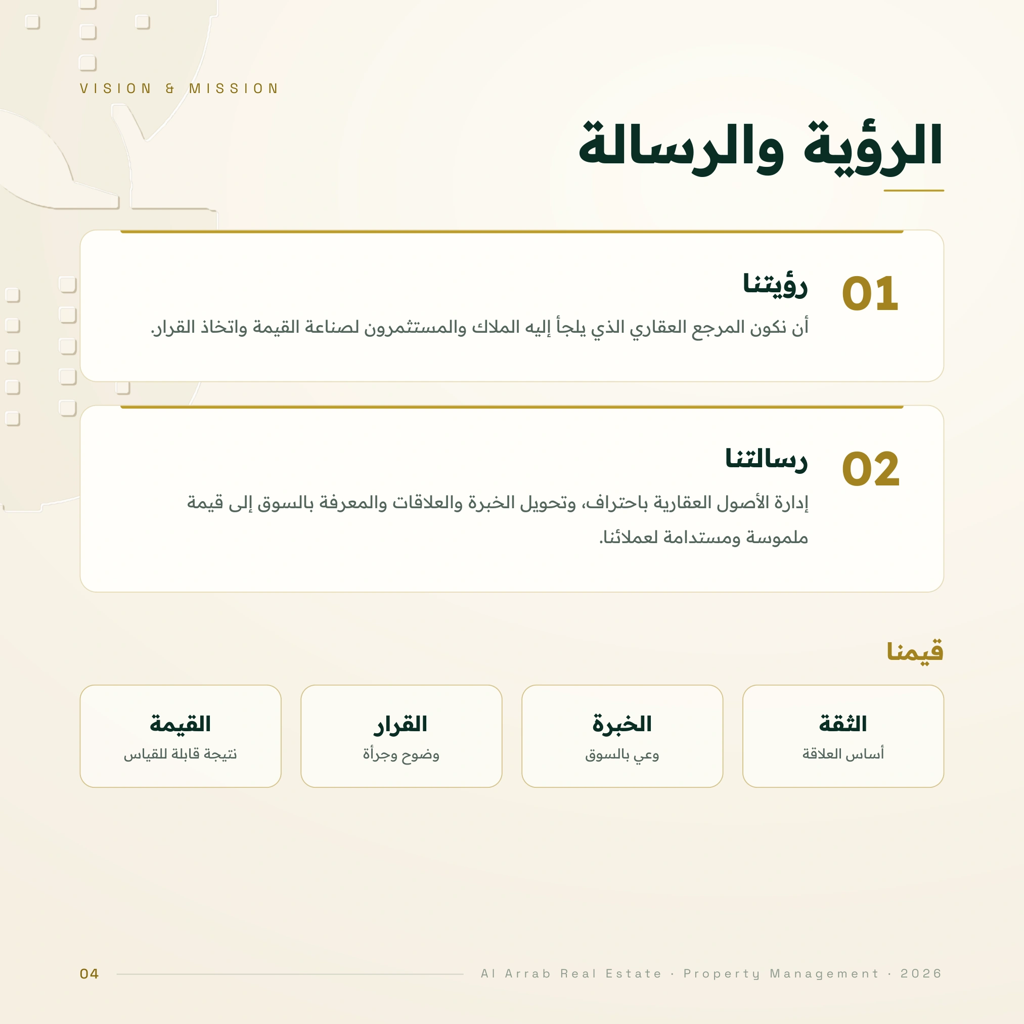 الرؤية والرسالة: الثقة والخبرة والقرار والقيمة؛ إدارة الأصول العقارية باحتراف.