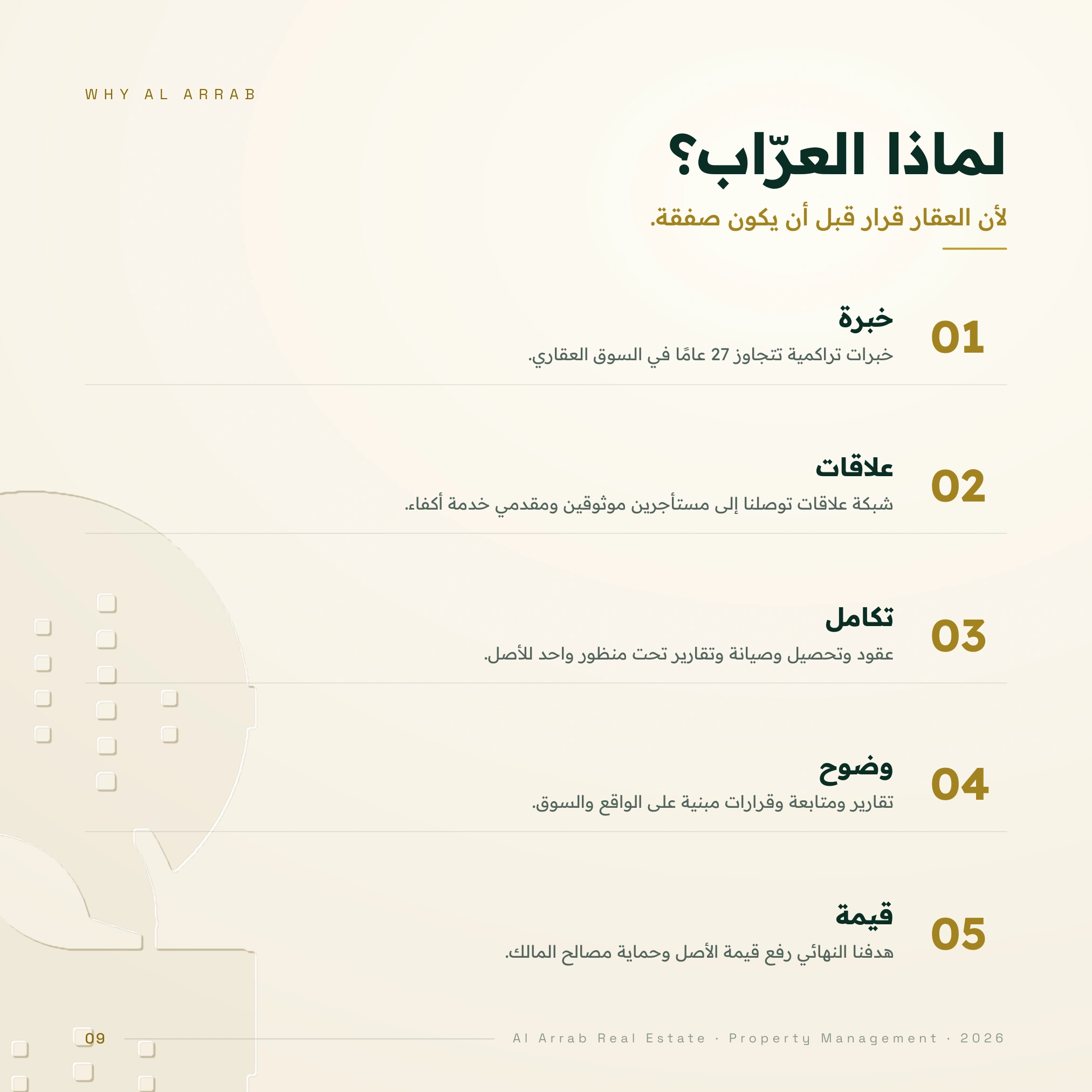 لماذا العرّاب؟: خبرة وعلاقات وتكامل ووضوح وقيمة لحماية مصالح المالك.